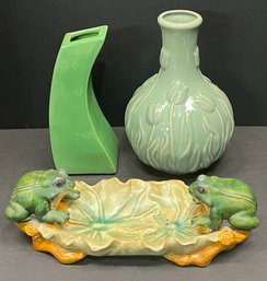 (2) Vintage Green Porcelain Vase, Japanese Ceramic Frog Dish