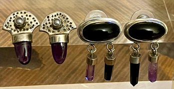 2 Pairs Of Sterling Silver - Amethyst - Onyx And Pearl Earrings - Total Weight 24.5 Grams
