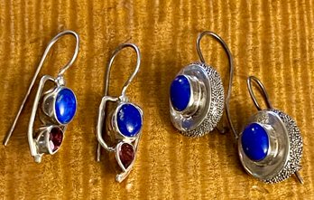 2 Pairs Of Sterling Silver - Blue Lapis & Garnet Wire Earrings - Total Weight 14.1 Grams