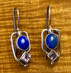 Sterling Silver Blue Lapis And Amethyst Wire Earrings - Total Weight 5.5 Grams
