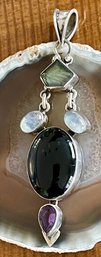 Sterling Silver Handmade Pendant & Chain - Onyx - Spectrolite - Amethyst -Rainbow Moonstone - 32 Grams