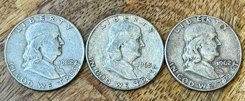 3 Silver Benjamin Franklin Half Dollar Coin - 90 Percent Silver -(2) 1962 D - (1) 1963 D