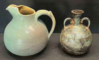 Vintage Signed Studio Pottery Pitcher With Patina Copper Handled Vase
