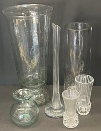 (6) Assorted Clear Glass Vases - Hand Blown, Avon, & Etched