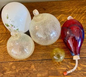 Signed Art Glass Hummingbird Feeder, Antique Float, Victorian Milk Glass Egg, (2) Art Glass Ornaments