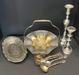 Vintage Silver Plate Lot - Compote, Serving Dish, Candle Holders, & Community Serving Spoons And Forks
