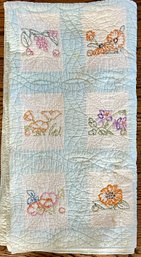 Antique Hand Stitched Quilt Embroidered Flowers - 65 X 70