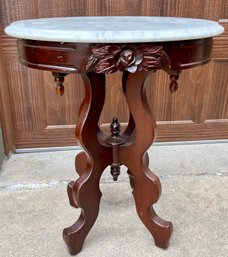 Vintage White Marble Top Oval Carved Rose Walnut Wood Table