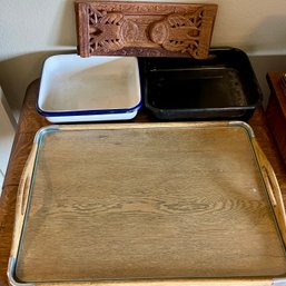 Antique Solid Oak Wood And Metal Serving Tray, Carved Wood Paper Towel Holder, (2) Enamel Baking Dishes