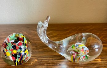 Hand Blown Art Glass Whale And Paper Weight