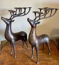 Pair Of Bronze Tone Solid Brass Deer Tea Light Candle Holders Candelabra