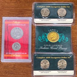 1880's Gold Layered Indian Head Penny, 2 2009 Sacagawea Dollar Sets, And 1978 1979 Dollar Coins