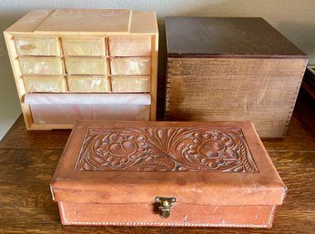 Merchants Box Co. Dove Tail File Box, Hand Tooled Leather Art Box, Akro-mils Ten Drawer Craft Box