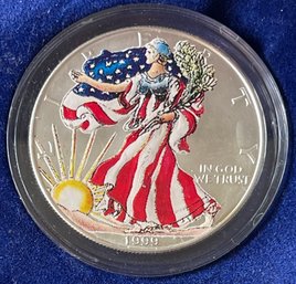1999 American Eagle Colored Silver Eagle Dollar Coin- 90 Percent Silver In Original Box With COA