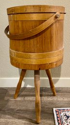 Vintage Lidded Firkin Wood Sewing Basket With Legs