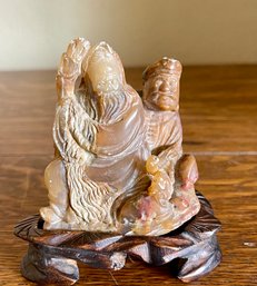 Vintage Chinese Carved Soap Stone Figurine On Rose Wood Base