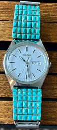 Sterling Silver Zuni Native American Turquoise Inlay Watch Lugs With Pulsar Watch