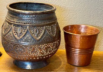 Pakistan Hand Engraved Copper Pot And Small Round Copper Planter