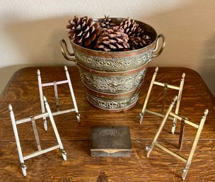 (4)vintage Brass Picture Holders, Brass Bucket With Pinecones, And Vintage Czech Metal Stamp Box