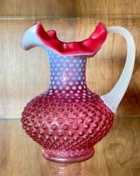 Fenton Cranberry Opalescent Cranberry Pitcher With Clear Pulled Glass Handle