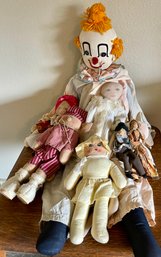 Antique Hand Made Dolls - Clarabella The Clown, Elf, Folk Art Walnut Face, And More