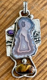 Lovely Sterling Silver - Crazy Lace Agate - Charoite & Tiger's Eye Pendant Total Weight 19.6 Grams