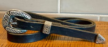 Sterling Silver Cutwork Belt Buckle Set With Black Leather 38' Belt