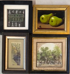 Vintage & Antique Miniature Print & Painting Lot - Original Spain Pears, Chinese Shadow Box, Maddox Watercolor