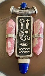 Vintage Sterling Silver Rhodochrosite Crystals & Lapis Lazuli Slide Pendant - Total Weight 21.8 Grams