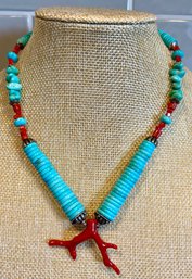 Sleeping Beauty Turquoise - Sterling Silver & Italian Branch Coral Hand Made 18' Necklace