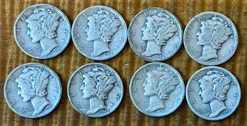 8 Mercury Head Dime Coins - 90 Percent Silver - 1941 - 1945