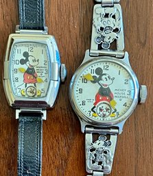 2 Antique 1930's Ingersoll Mickey Mouse Watches - One With Original Silver Tone Mickey Band & One Leather