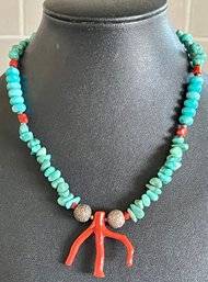 Beautiful Sleeping Beauty Sterling Silver - Turquoise & Italian Branch Coral 16' Necklace