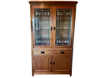 Gorgeous Stickley Mission Style Cherry Wood And Leaded Glass Lighted Cabinet 2 Piece