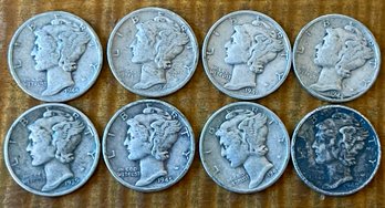 8 Mercury Head Dime Coins - 90 Percent Silver - 1939 - 1945