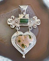 Vintage Sterling Silver - Ocean Jasper & Jade Pendant - Total Weight 14.2 Grams