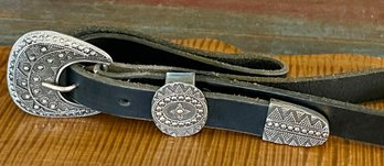 Granulation Handmade Sterling Silver Belt Buckle Set With Black Leather 36'  Belt