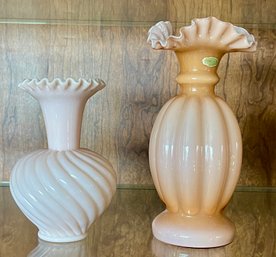 Fenton Signed UWB Rose Cased Overlay Large Melon Vase W Original Sticker & Pink Swirl Fenton Milk Glass Vase
