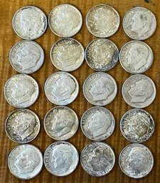 20 Roosevelt Silver Dime Coins - 90 Percent Silver - 1946 - 1964