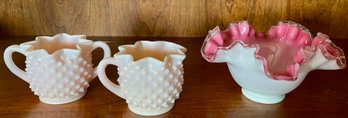 Fenton 1950's Pink Milk Glass Hobnail Star Pattern Cream & Sugar & Pink Fenton Cased Silver Crest Bowl