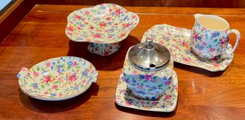 Royal Winton England Old Cottage Chintz Sugar Bowl W Liner And Compote - Double Handled Dish - Creamer & Tray