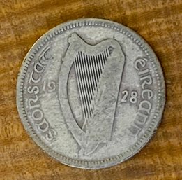 1928 Ireland Irish 1 Shilling Coin Bull With Lyre Harp Music Vintage