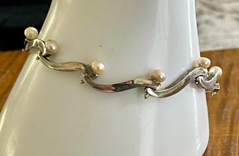 Vintage Sterling Silver & Pearl Handmade Link 7.5 Inch Bracelet - Total Weight 16.2 Grams