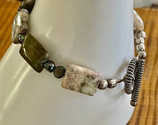 Hand Made Sterling Silver & Agate Cabochon & Grey Pearl 7 Inch Bracelet