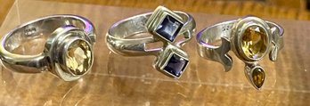 3 Sterling Silver Rings - 2 Citrine And 1 - Iolite Ring - Total Weight 18.5 Grams