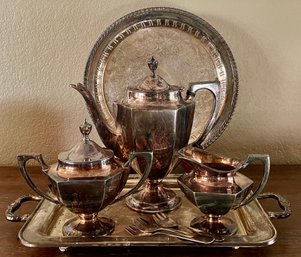 Derby S.P. Co. Silver Plate Tea Pot, Cream, And Sugar With Footed Tray, An Oneida Silver Plate Platter