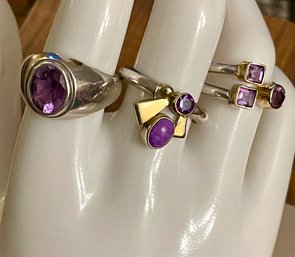 3 Sterling Silver And Amethyst Rings 1 With Charoite - Total Weight 16.8