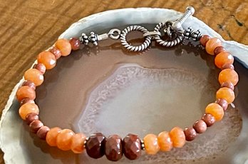 Vintage Sterling Silver - Carnelian & Mahogany Obsidian Bead 7.5 Inch Bracelet