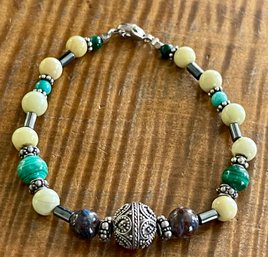 Vintage Sterling Silver - Malachite - Agate & Turquoise Bead 7.5 Inch Bracelet