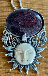 Dinosaur Bone Cabochon & Mammoth  Ivory Carved Sun Face Pendant Pin & 22' Sterling Necklace  - 50.8 Grams